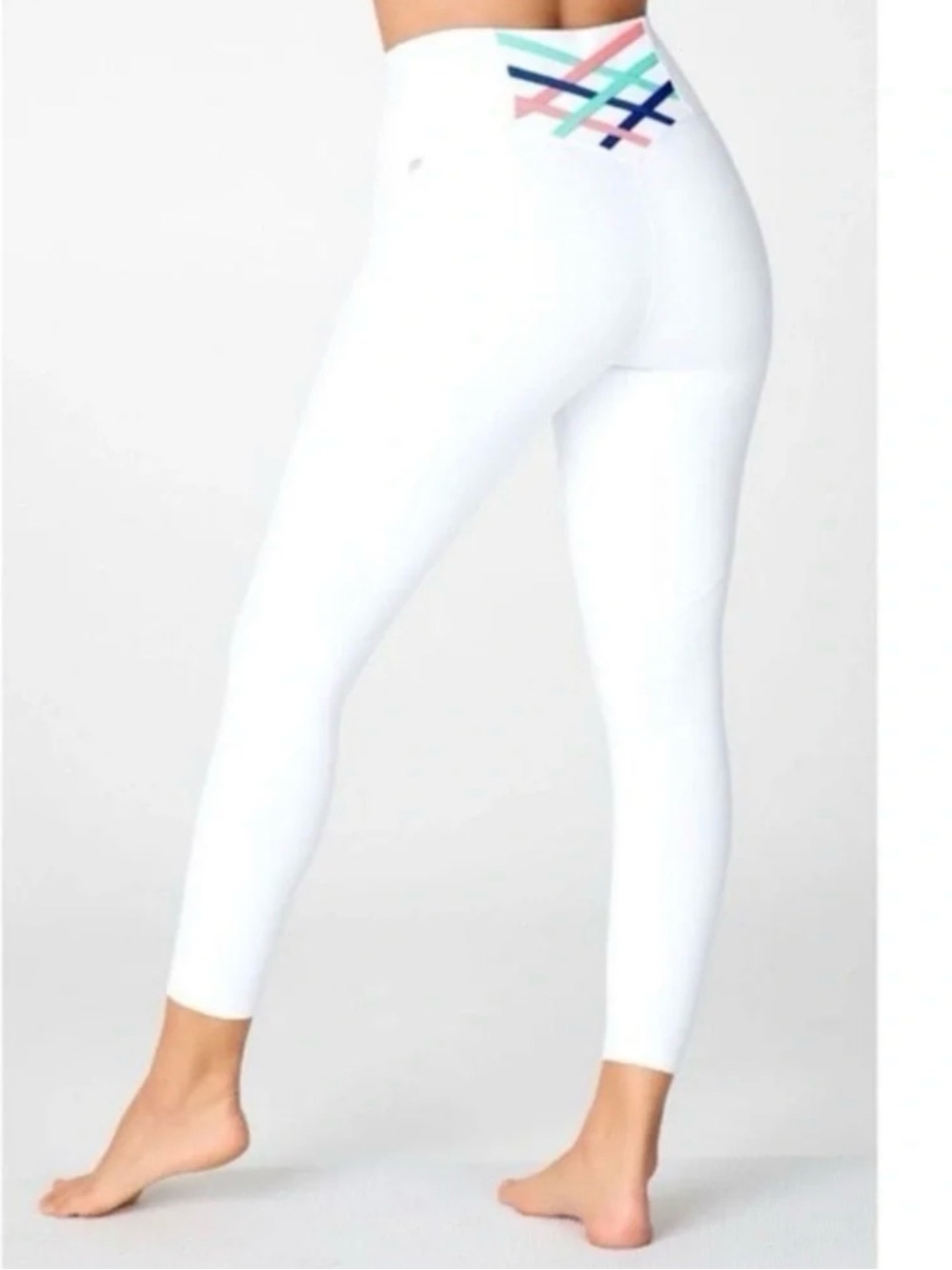 Fabletics White High-Rise Leggings with Multicolor Waist Stripes